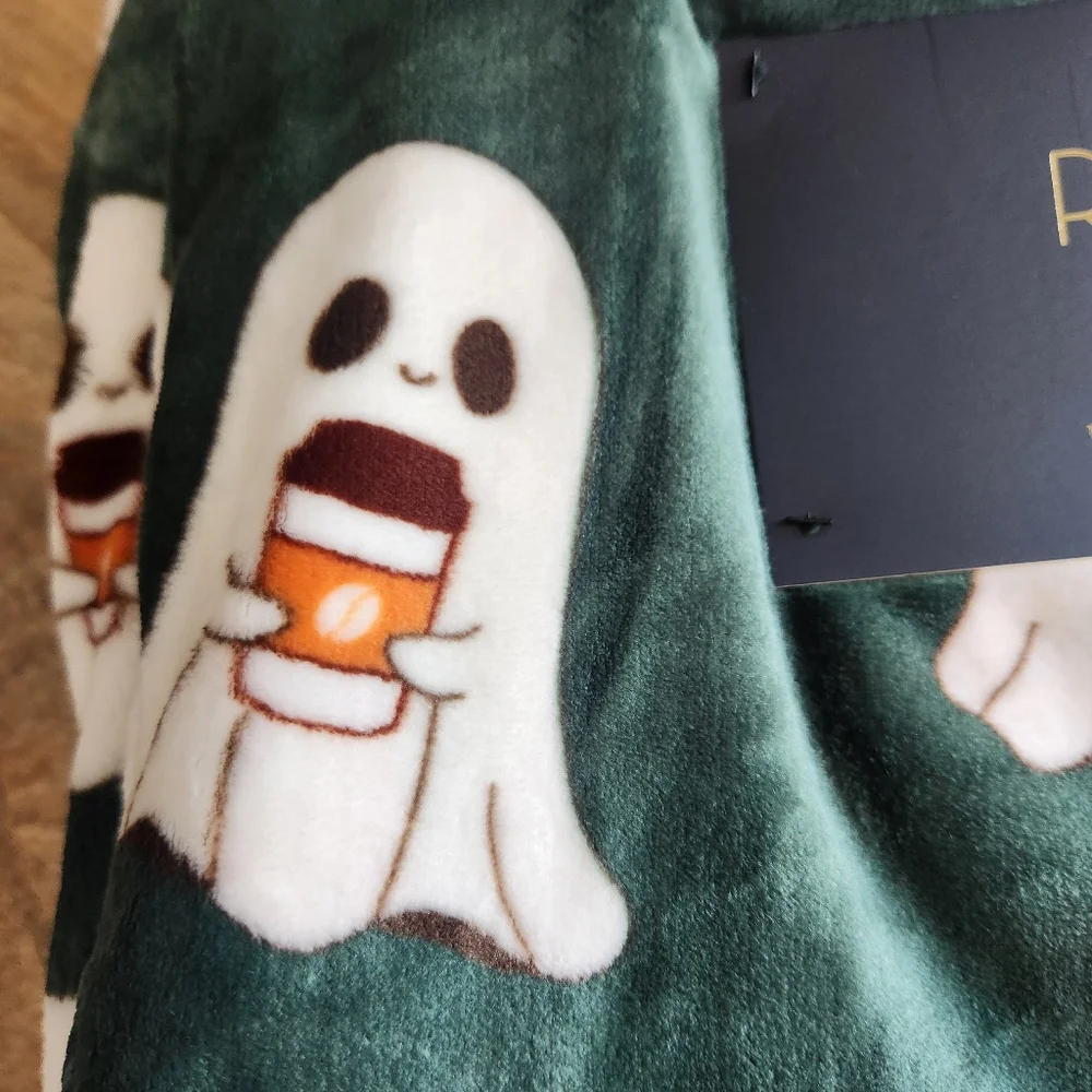 Rachel Dark Green Ghost Football Fall Pattern Pumpkin Plush Throw Blanket NWT